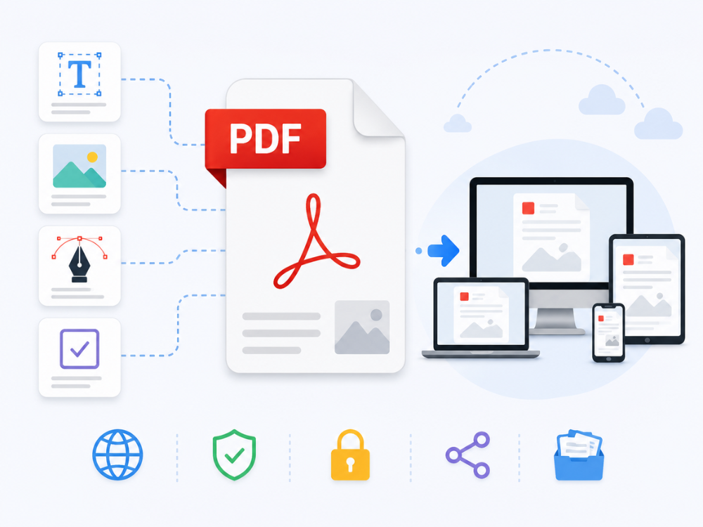 PDF document illustration showing a portable file format displayed across desktop, tablet, and mobile devices for universal document sharing and compatibility.