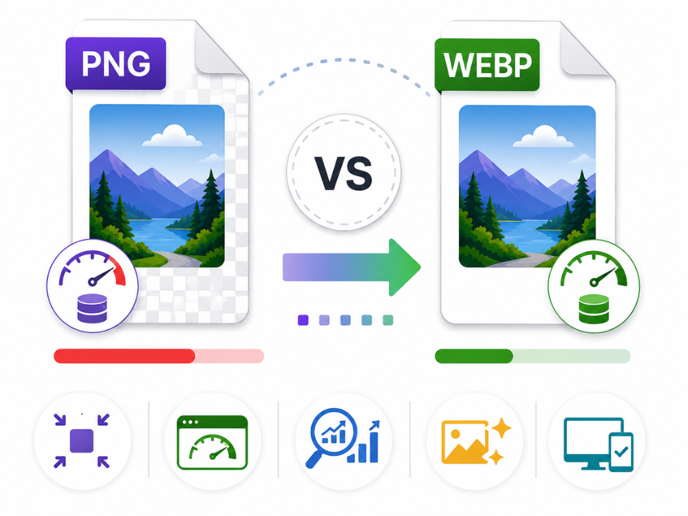 PNG vs WebP comparison illustration showing PNG and WebP image files side by side with equal image quality, smaller WebP file size, faster loading performance, and improved web optimization.