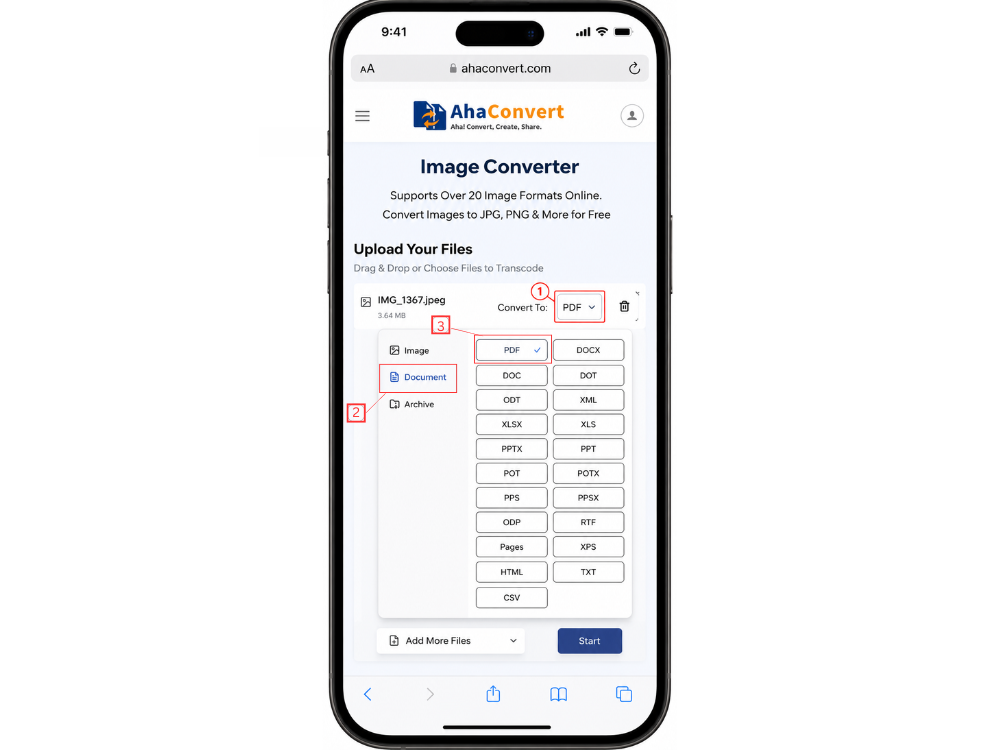 Select PDF as the output format in AhaConvert Image Converter on iPhone.