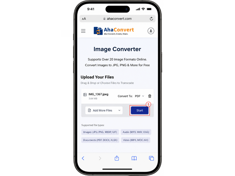 Tap the Start button to convert a picture to PDF on iPhone using AhaConvert.
