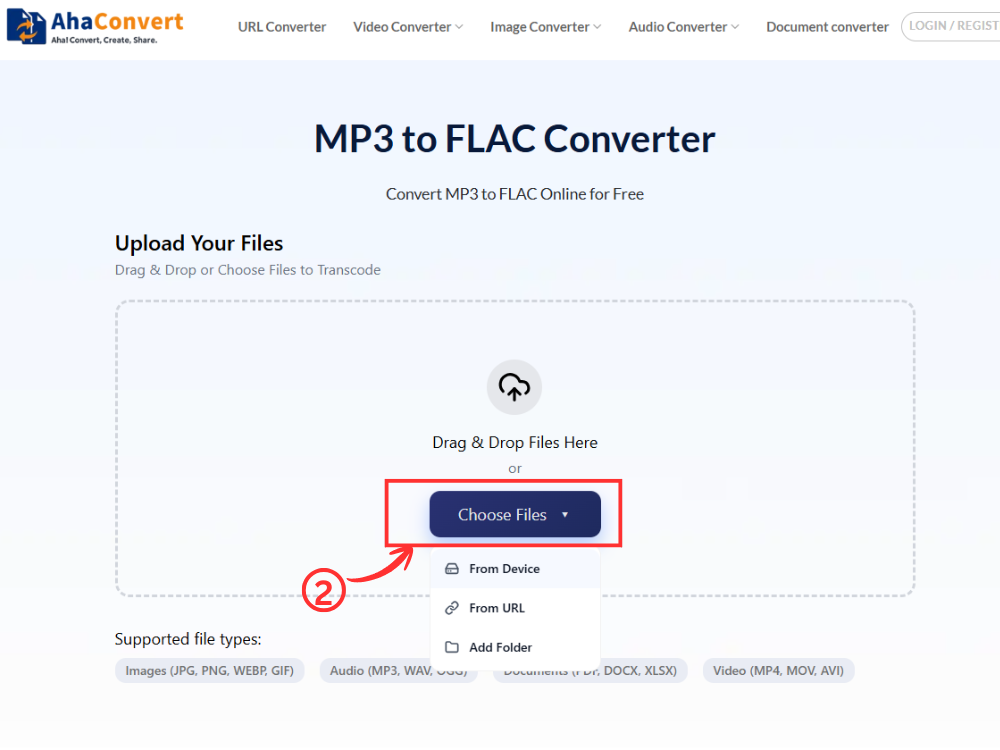 Step 2 — Upload MP3 file to AhaConvert using Choose Files, drag and drop, or URL