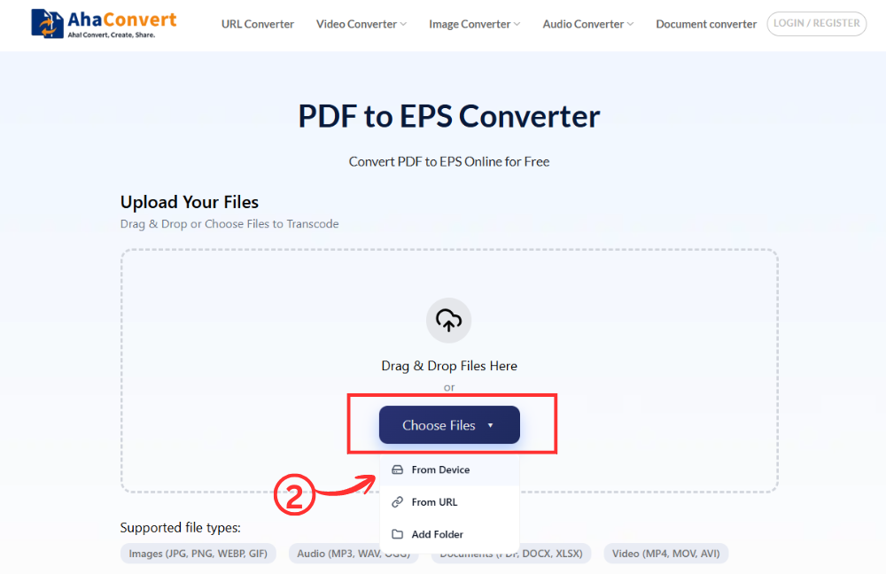 Upload PDF file to AhaConvert using Choose Files, drag and drop, or URL