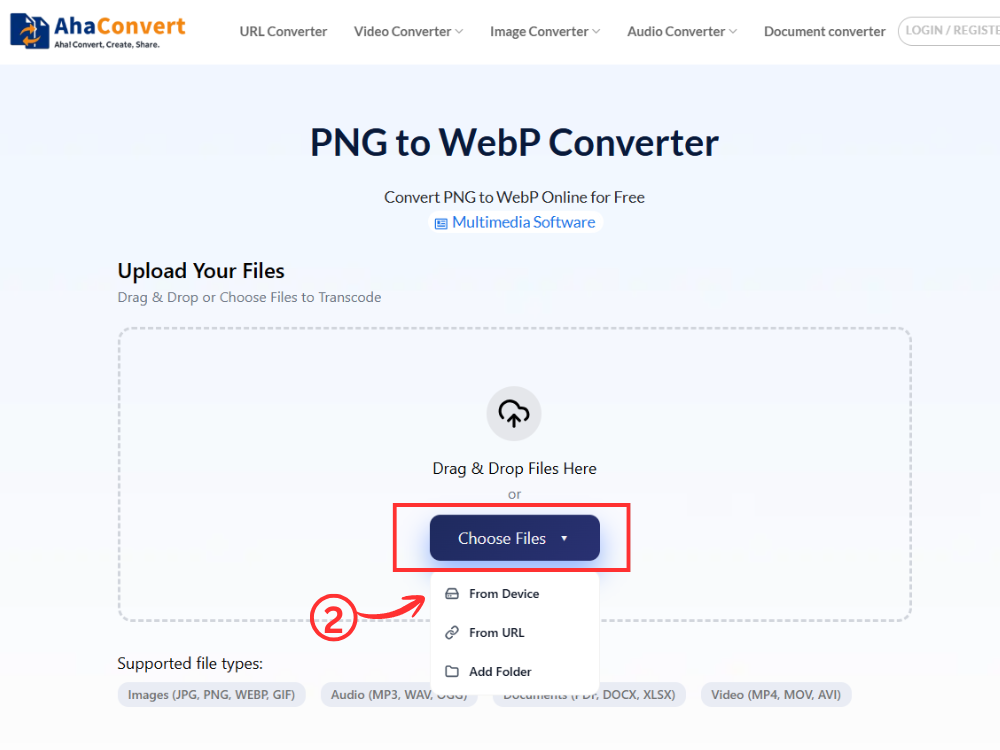 Step 2 — Upload PNG file to AhaConvert using Choose Files, drag and drop, or URL