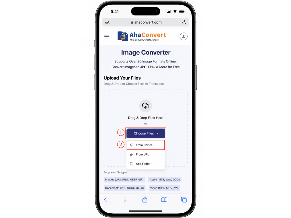 Upload a picture from iPhone storage using AhaConvert Image Converter.