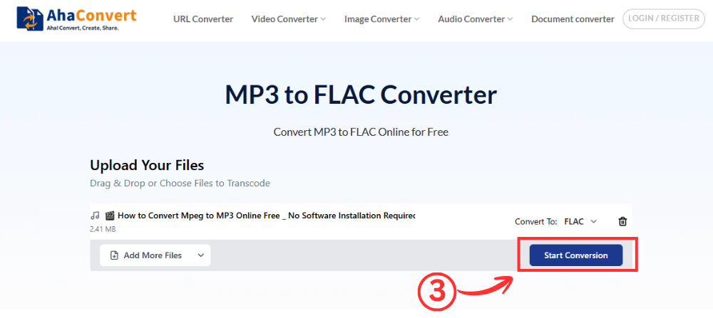 Click Convert to start MP3 to FLAC conversion on AhaConvert
