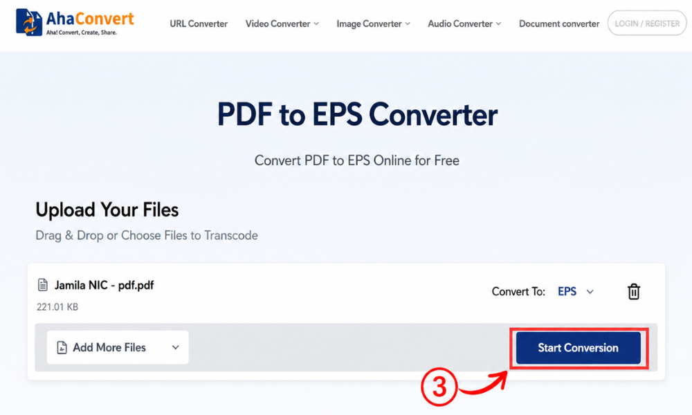 Click Convert to start PDF to EPS conversion on AhaConvert