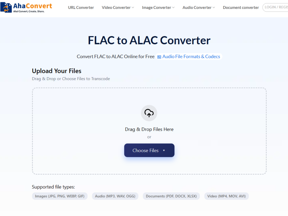 Интерфейс за конвертиране на FLAC към ALAC от AhaConvert за безплатно онлайн преобразуване на аудио без загуби