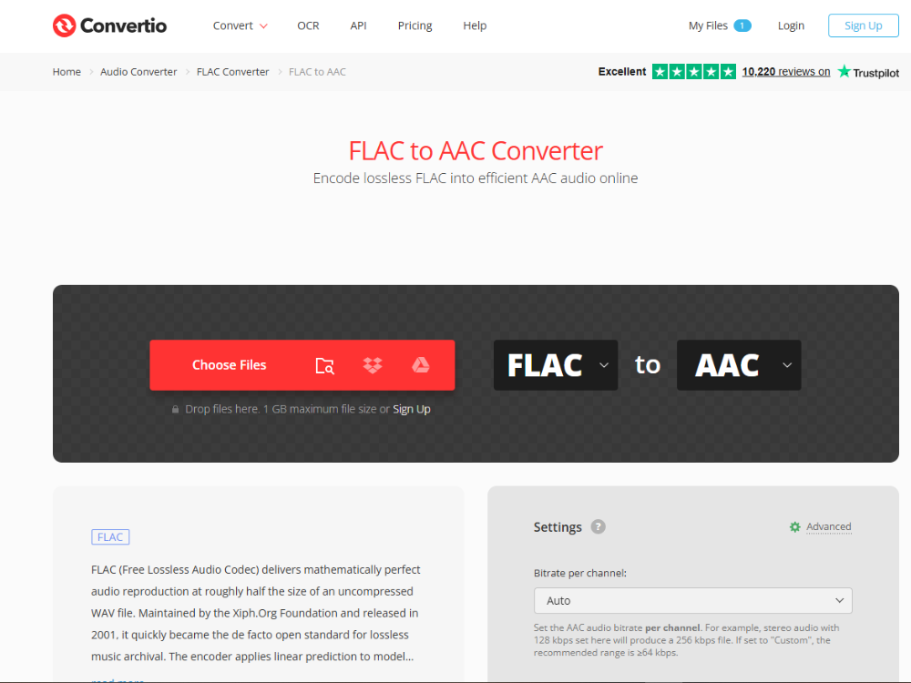 Интерфейс за онлайн конвертор Convertio FLAC към ALAC с поддръжка за качване на файлове в облака