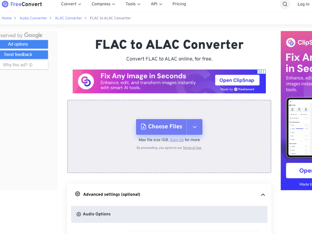 FreeConvert FLAC към ALAC конвертор с персонализируеми настройки за преобразуване на аудио