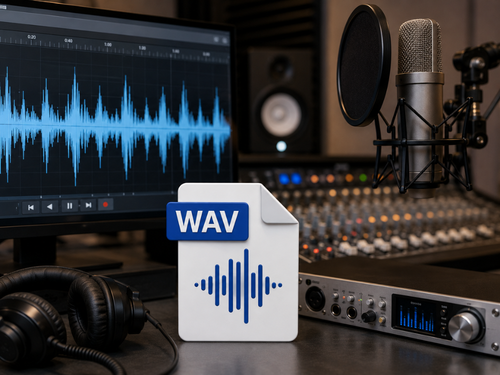 WAV audio file format illustration with professional recording studio, waveform display, microphone, audio interface, and mixing console