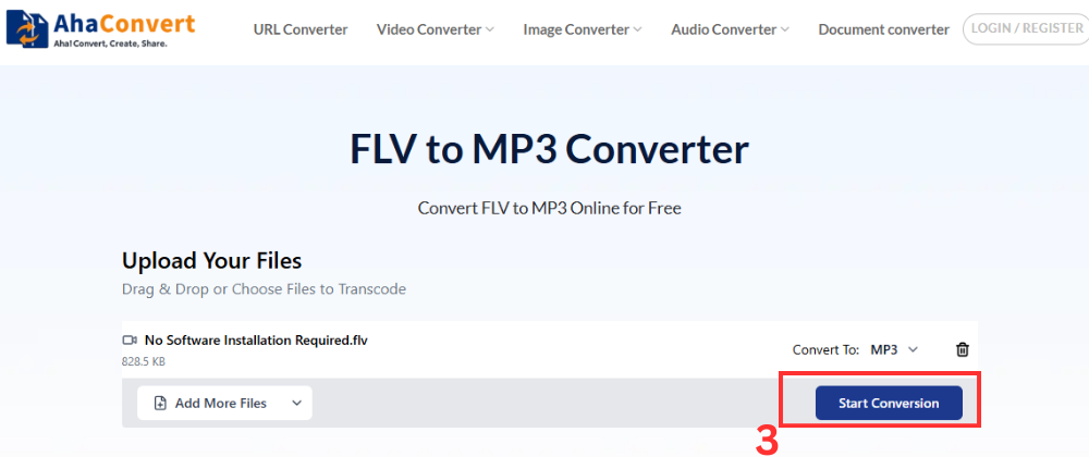 click to start the FLV to MP3 conversion