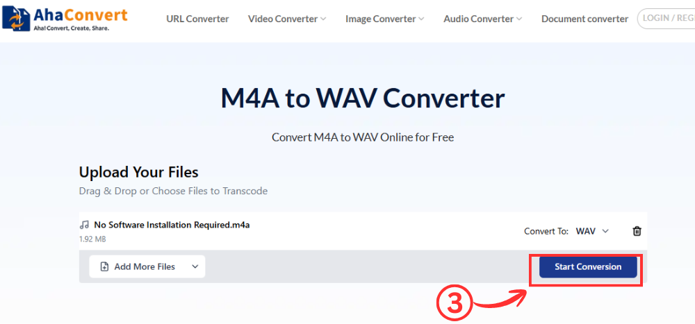 Click the start conversion button to convert m4a to wav ahaconvert