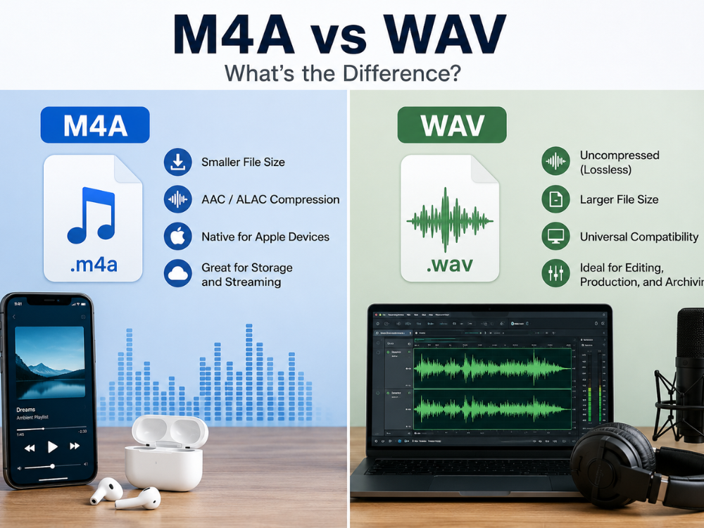 m4a vs wav audio format comparison for quality file size and editing