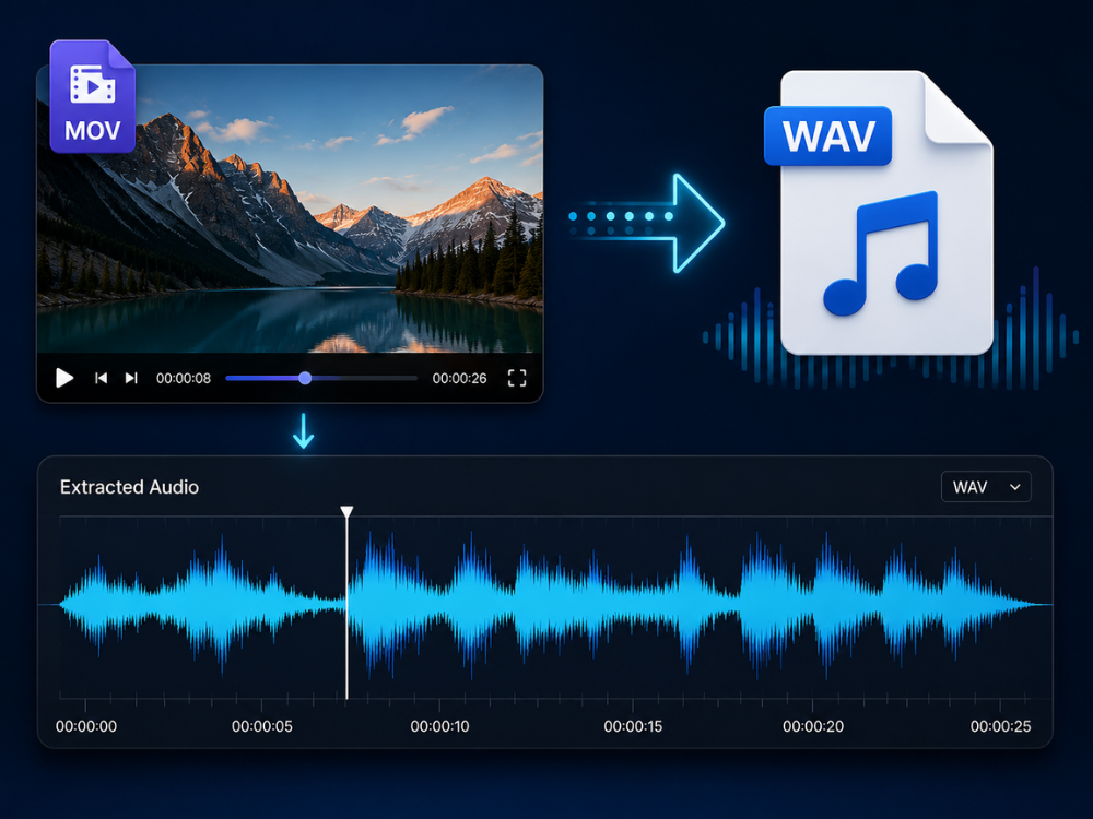 MOV to WAV conversion showing a video file converted into WAV audio with waveform preview.