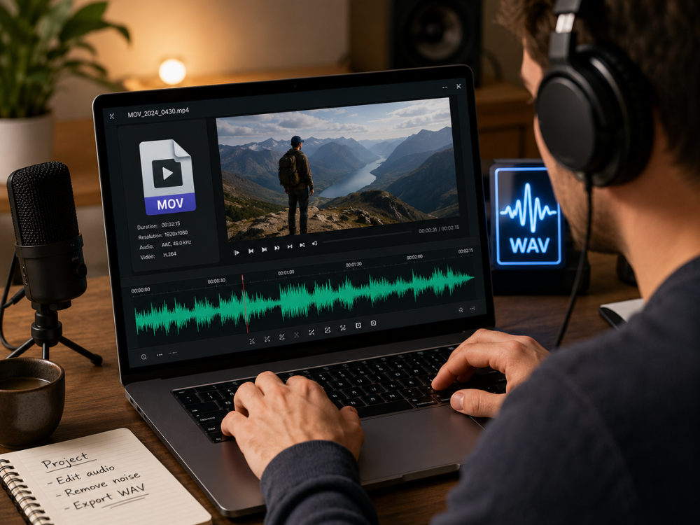Person converting MOV to WAV and editing audio files on a laptop with waveform editing software and headphones.