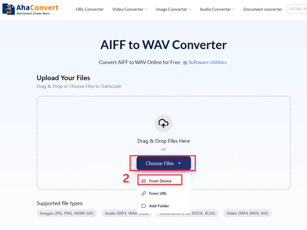 step 2: upload an AIFF file by clicking Choose Files or dragging and dropping it into AhaConvert