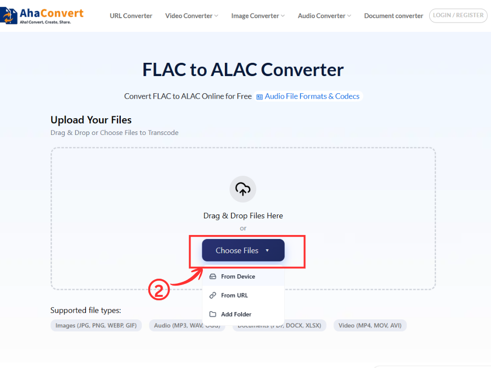 upload flac file to ahaconvert choose files drag drop