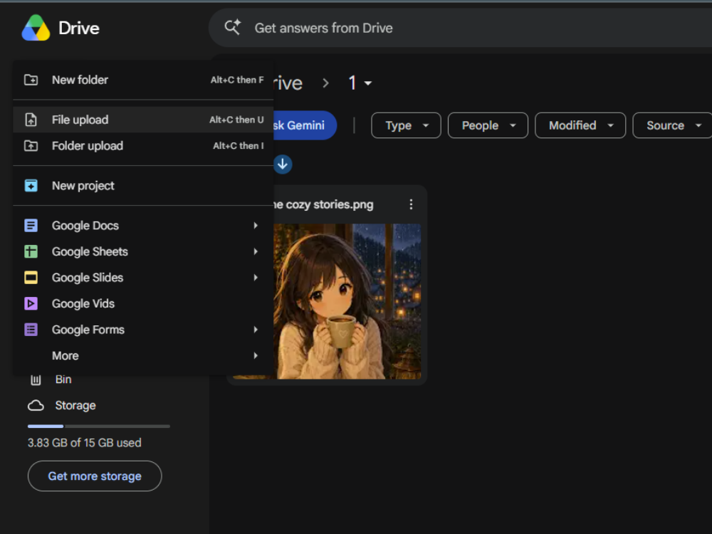 Google Drive File upload option for uploading a PNG image