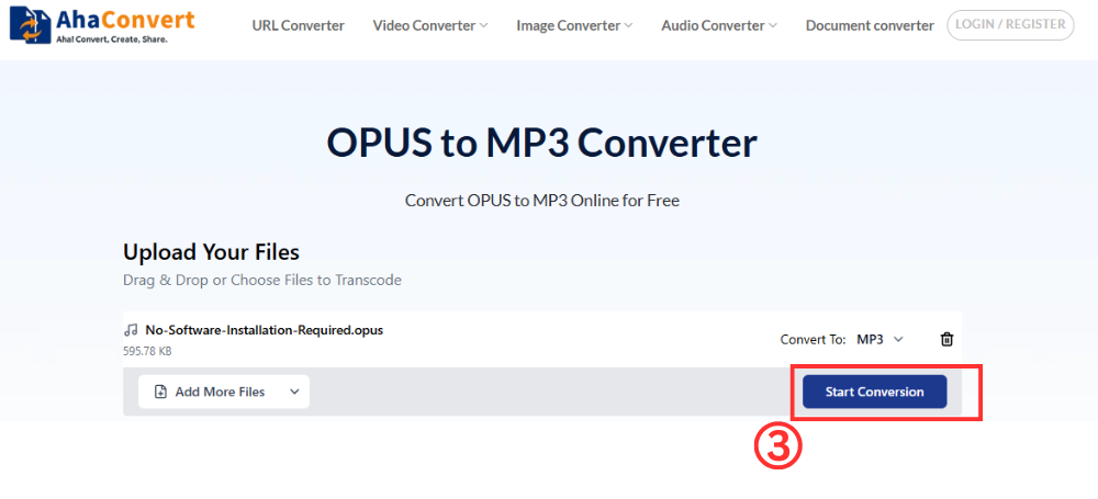 click to start the OPUS to MP3 conversion