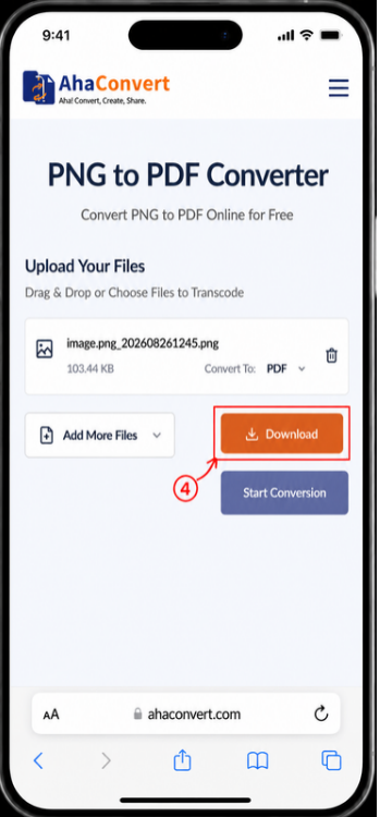 Download the converted PDF file from AhaConvert on a smartphone