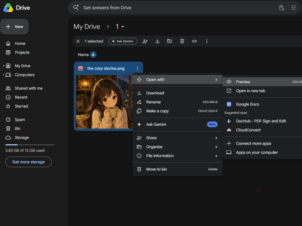 Google Drive Open with Preview option for a PNG image