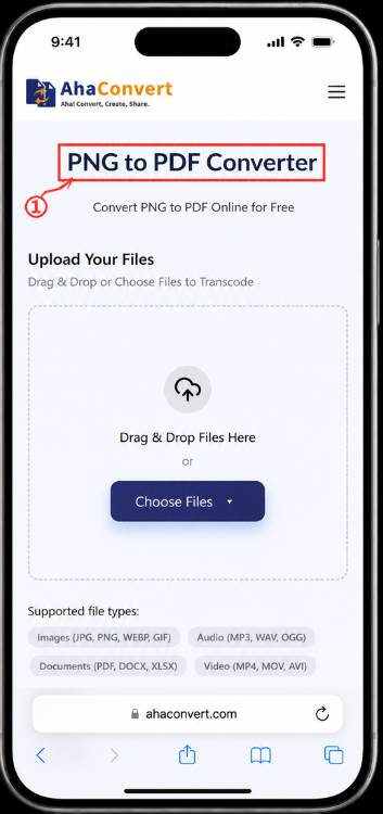 open AhaConvert free PNG to PDF converter browser in smartphone