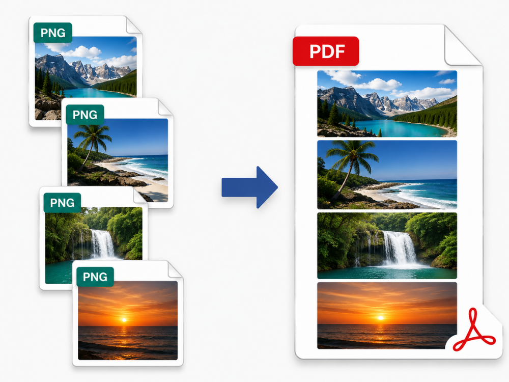 Illustration of PNG images being converted into a single PDF document