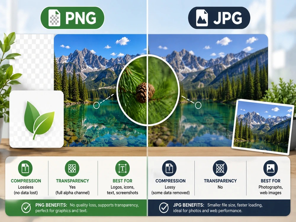 comparing PNG vs JPG on compression, file size, and transparency
