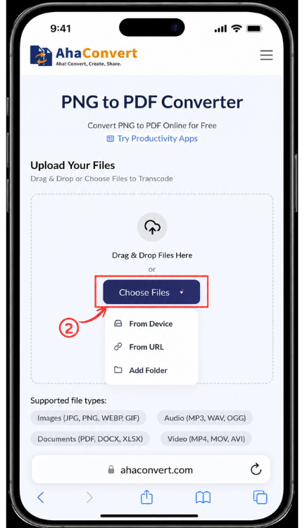 Upload a PNG file to AhaConvert PNG to PDF Converter in smartphone