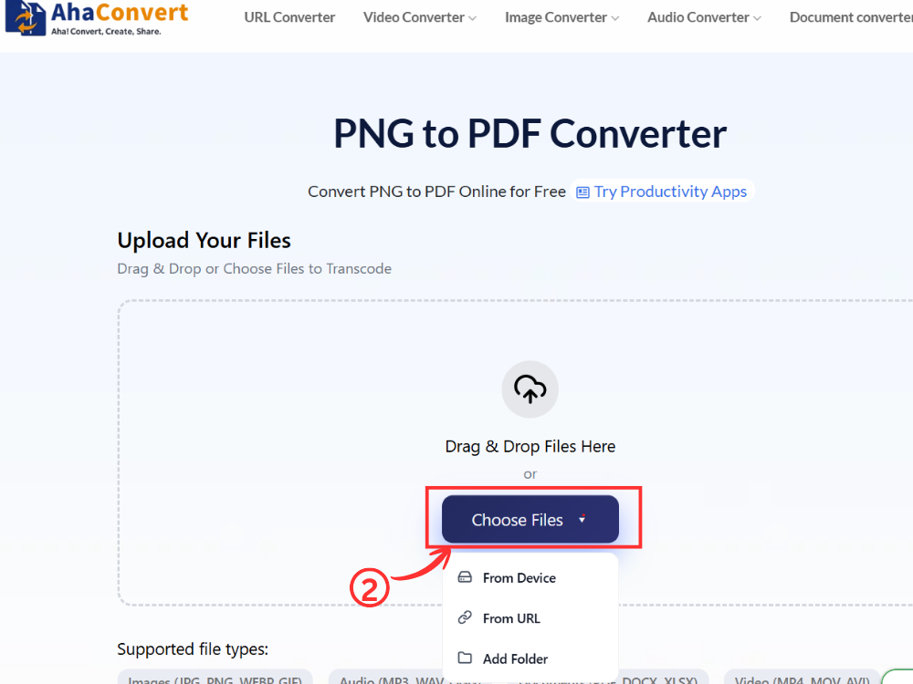 Upload a PNG file to AhaConvert PNG to PDF Converter