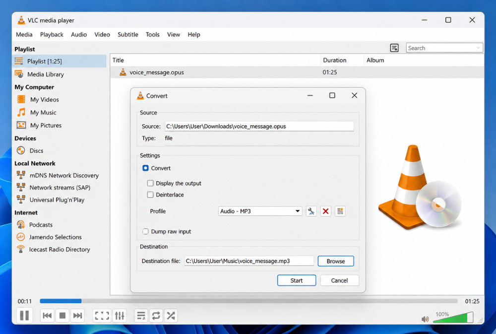 VLC media player convert Opus to mp3 desktop